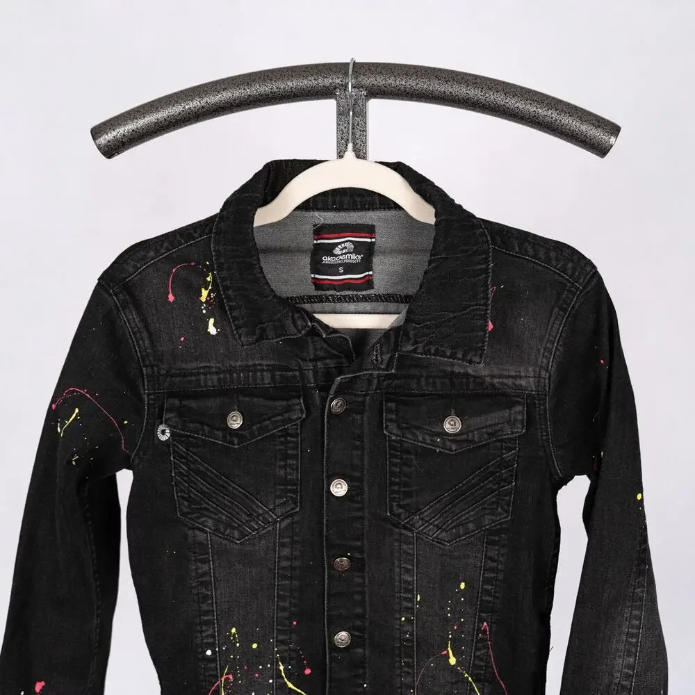 Vintage 90s Y2K Akademiks Women's Denim Jacket SMALL Paint Splatter Streetwear - Picture 2 of 7
